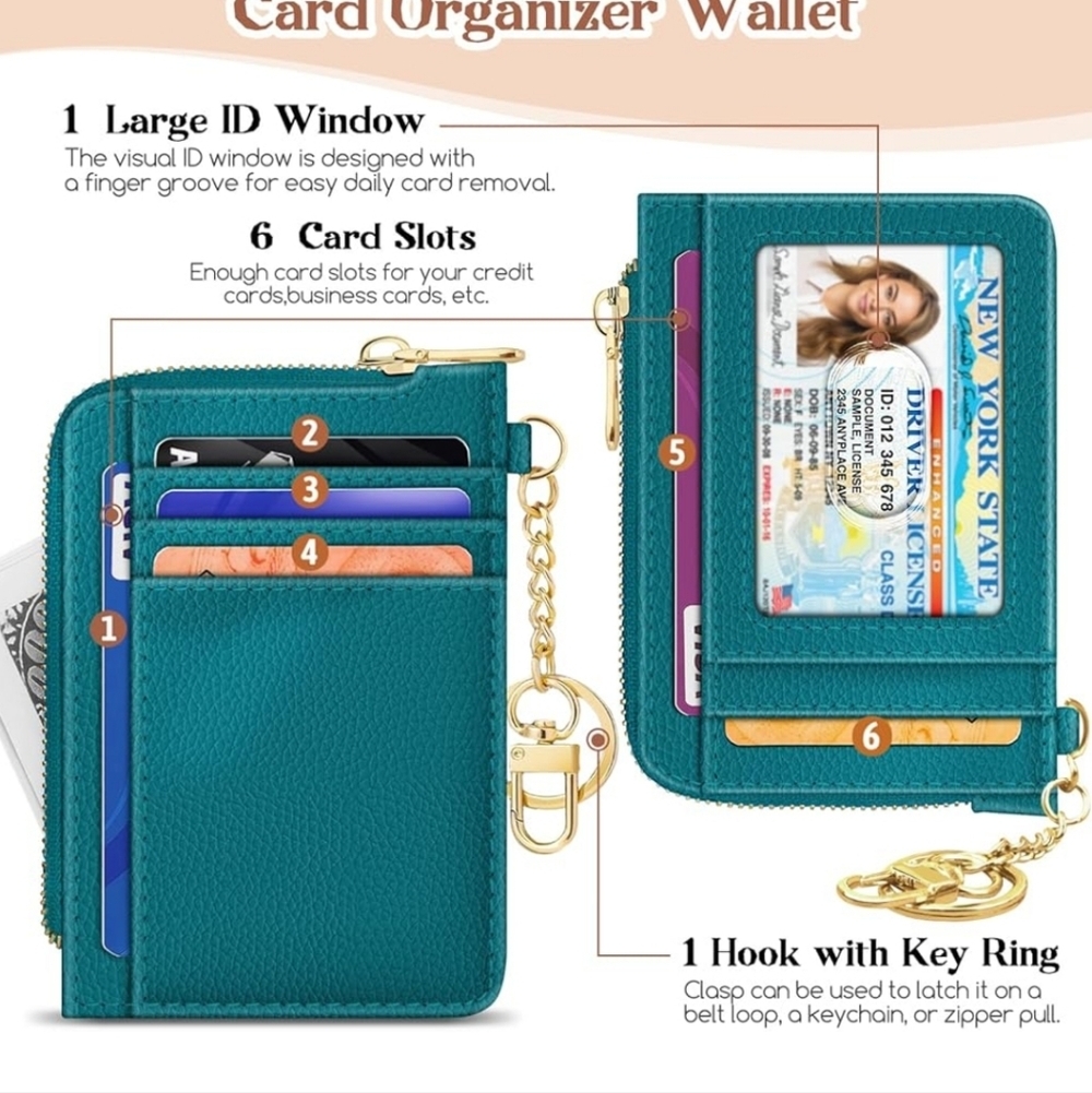 Teal Card Organizer Wallet with Key Ring